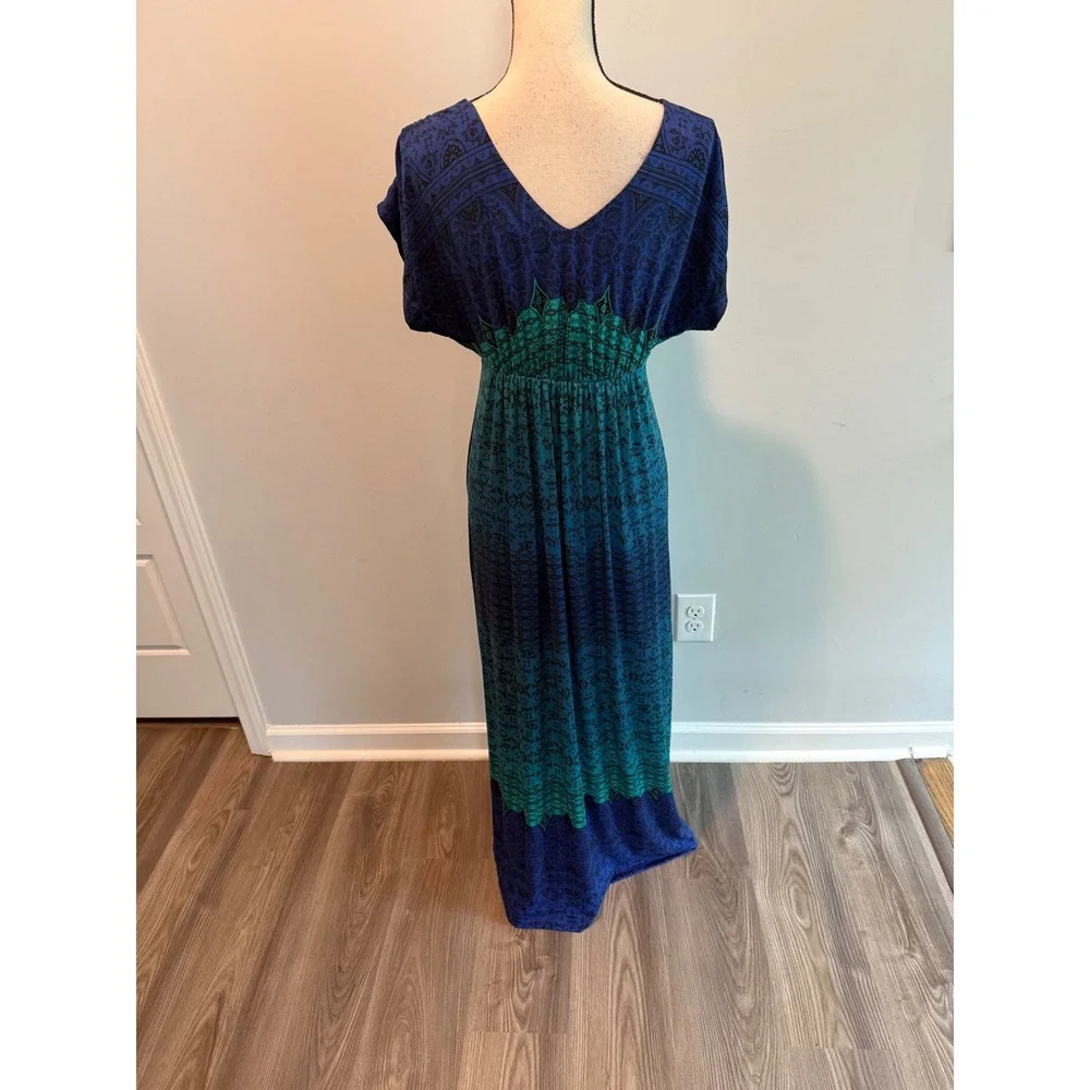 Soma Blue Teal Medallion Print Maxi Dress V-Neck Empire Waist size Medium